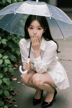 AI generated video: A young woman wearing a transparent umbrella sits on her knees and covers her…