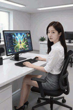 AI generated video: woman sits at her office desk and operates the keyboard and mouse, The game…