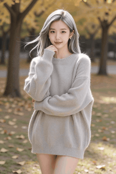 AI generated video: A young woman with silver hair is standing in the park and smiling, her long…