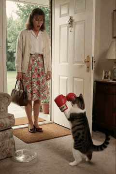 AI generated video: A cat wearing boxing gloves strikes a fighting pose and throws a punch in front…