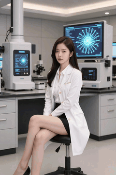 AI generated video: A female researcher sitting on a laboratory chair is sitting still with her…
