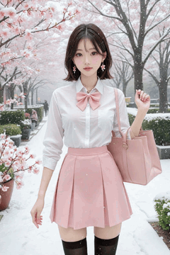 AI generated video: a young woman stands on the cherry blossom path, Snow falls slowly from the sky…