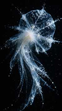 AI generated video: 10-second continuous shot. The extraordinary translucent aquatic organism comes…