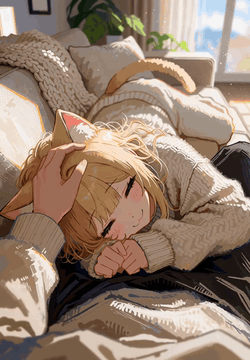 AI generated video: A warm, cozy anime illustration comes to life. A blonde cat-eared young woman…