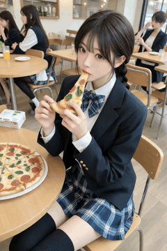 AI generated video: A female student in a school uniform eats pizza at a cafe, and other girls eat…