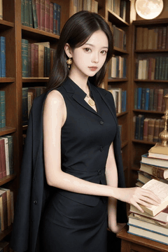 AI generated video: A woman in a black suit flips over a book in front of the bookshelf,, soft…