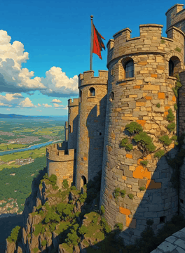 AI generated video: The scene if filmed from the perspective of a drone doing a flyby of the castle.