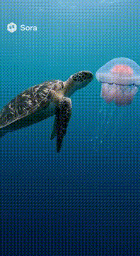 AI generated video: 深海で泳ぐウミガメとクラゲ