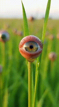 AI generated video: A vast plain full of grass and every blade of grass has an eyestalk at the tip