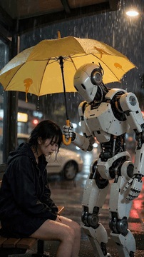 AI generated video: Single continuous medium tracking shot with gentle slow push-in, emotional…