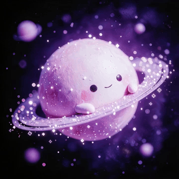 AI generated video: A cheerful, kawaii pink Saturn bounces lightly in space. It beams with…