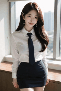 AI generated video: An office woman moves slightly by the window and smiles,, the sun seeps through…