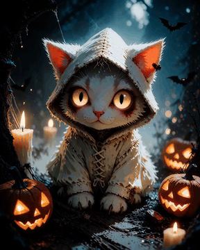 AI generated video: Soft music-box Halloween lullaby plays. The hooded kitten leans forward and…