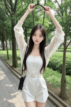AI generated video: A young woman is holding a swing frame and standing with her arms up, leaves…
