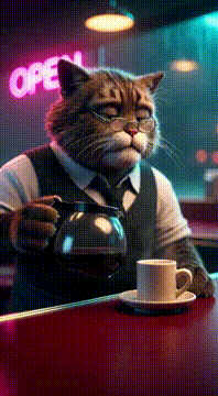 Видео, сгенерированное нейросетью: A tired old cat waiter working the night shift at an all-night diner, pouring…