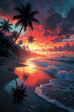 AI generated video: Waves crash on the beach, and the wind rustles the trees as the clouds float by.