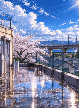 AI generated video: z1os, 100% anime, cinematic view of a Japanese school rooftop just after the…