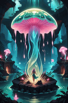 AI generated video: A sunken cathedral of polished obsidian surrounded by glowing jellyfish and…