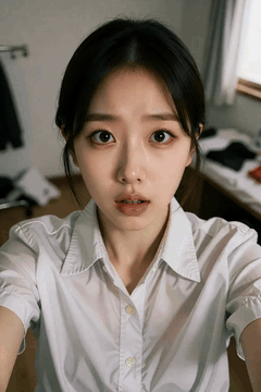 AI generated video: A young woman leaning slightly while taking a selfie, The window curtain swings…