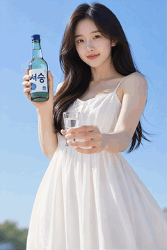 AI generated video: A young woman holds a bottle of soju, hands over a glass, and smiles, The long…