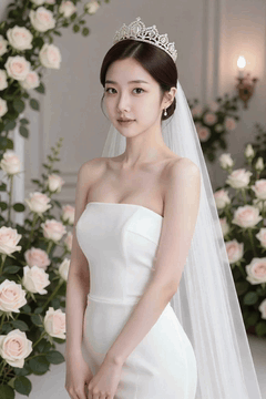 AI generated video: The bride is standing still among the floral decorations, The veil swings…