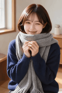 AI generated video: A short brown haired woman wraps a scarf, winks, and smiles, The sun shines…