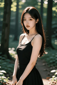 AI generated video: A young woman in a black dress stands on a forest path, her long hair swaying…