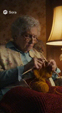 AI generated video: A grandma who’s knitting until she gets to knock on the door only to reveal…