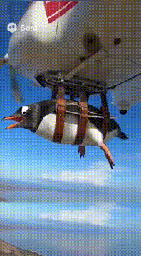 AI generated video: A penguin strapped to a plane flying to Africa high pitch screaming