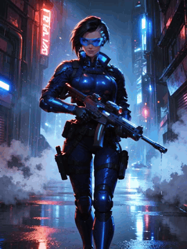 AI generated video: Start with a medium-full shot of her walking through the alley in the rain with…