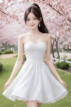 AI generated video: A young woman walks in a cherry blossom field while slightly pulling the hem of…
