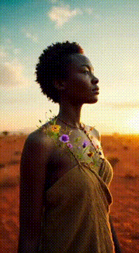 Видео, сгенерированное нейросетью: 9. アフリカの大地の花 African woman standing in red earth landscape, her skin begins to…