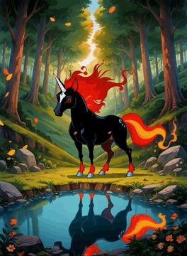 AI generated video: rb_retro, off-center composition, one unicorn, black fur with mane and tail of…