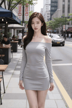 AI generated video: A young woman in a gray mini dress is walking along the sidewalk, cars are…