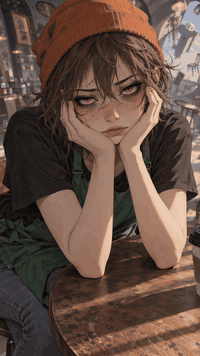 AI generated video: l1v3w4llp4p3r, A cinematic slow-motion shot of a bored girl in an orange beanie…