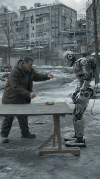 AI generated video: A cinematic 7-second dystopian video featuring an exhausted humanoid worker…