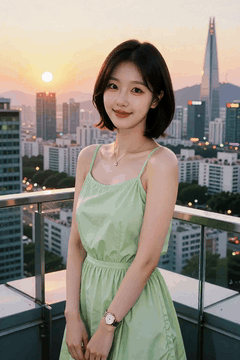 AI generated video: A young woman in a green dress stands on the balcony and smiles, The wind…