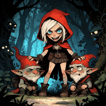 AI generated video: Little Red Riding Hood is smacking the top of the gnomes' heads like they were…