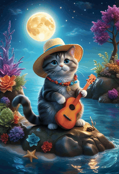 AI generated video: A cute fluffy gray tabby cat wearing a straw hat and colorful beaded necklace…