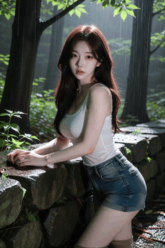 AI generated video: A young woman leaning in a rainy forest, Raindrops fall on her clothes and…