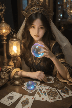 AI generated video: fortune teller woman was sitting at the table holding a crystal ball, The tarot…