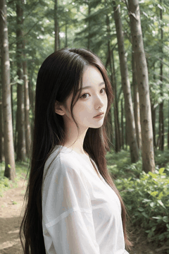 AI generated video: A young woman standing on a forest path, The long hair swings softly in the…