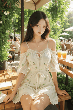 AI generated video: A woman in a floral dress is sitting in an outdoor cafe, The surrounding green…