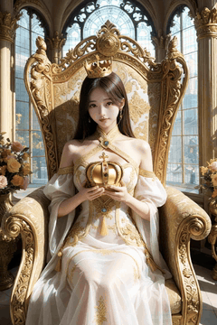 AI generated video: The queen sits on a gorgeous throne, holds a golden crown with her hand, and…