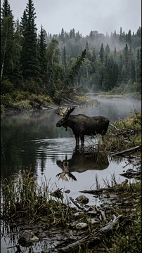 AI generated video: A realistic wildlife videograph of a quiet river bend in a northern forest…