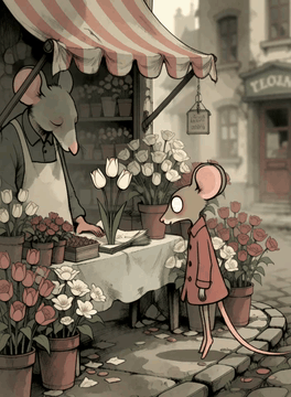 AI generated video: StrangeDaal. A macro view on a small flower stall with buckets of pale blooms…