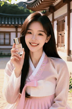 AI generated video: A young woman wearing a hanbok is smiling while holding a cosmetic bottle, Her…