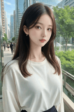AI generated video: A young woman is standing on a city sidewalk and people are walking on the…