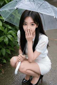 AI generated video: A young woman wearing a transparent umbrella sits on her knees, Soft rain falls…