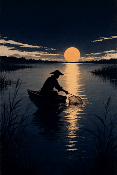 AI generated video: A slow, breathy shakuhachi flute melody over soft crickets. The fisherman dips…